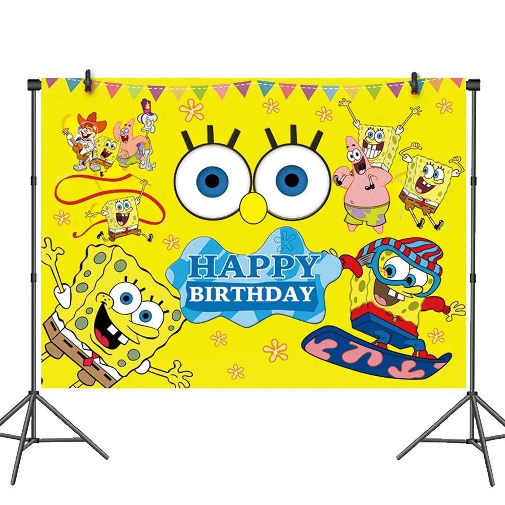 A banner featuring SpongeBob SquarePants characters celebrating a happy birthday