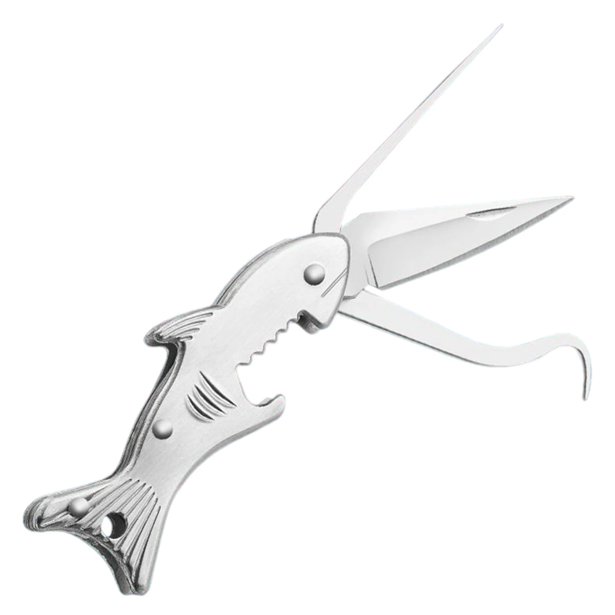 A silver stainless steel keychain tool shaped like a mythical creature with sharp claws and a tail.