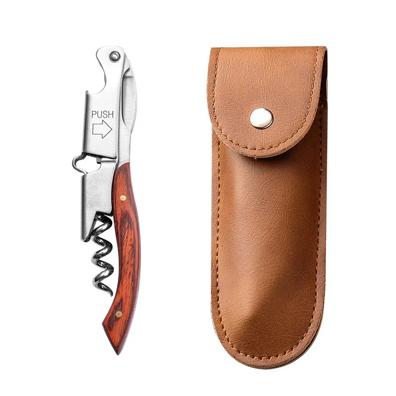 A double-hinged waiter's corkscrew with a wooden handle and foil cutter housed in a brown leather sheath.