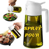 A white dual-function oil sprayer bottle is shown next to food being sprayed and poured.