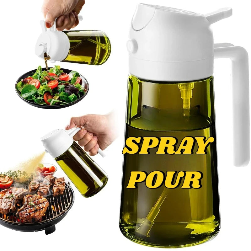 A white dual-function oil sprayer bottle is shown next to food being sprayed and poured.