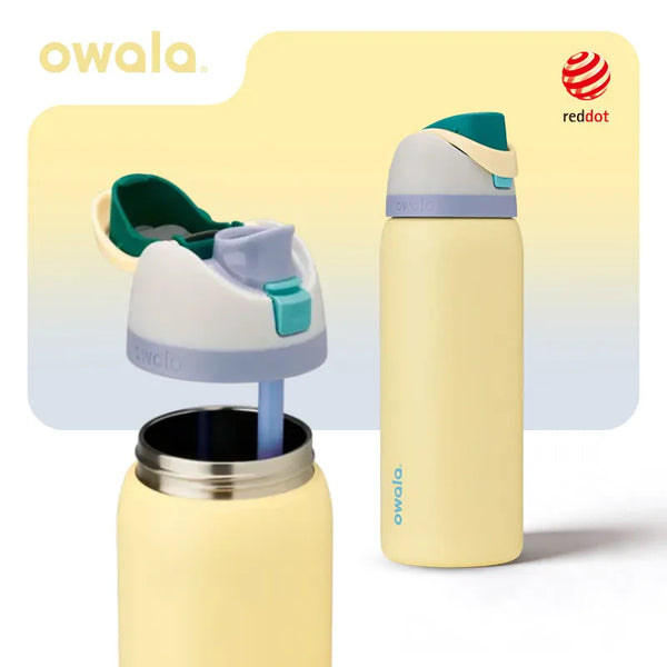 Gelbe Owala isolierte Edelstahl-Thermoskanne mit grünem Deckel und Strohhalm-Anschluss.