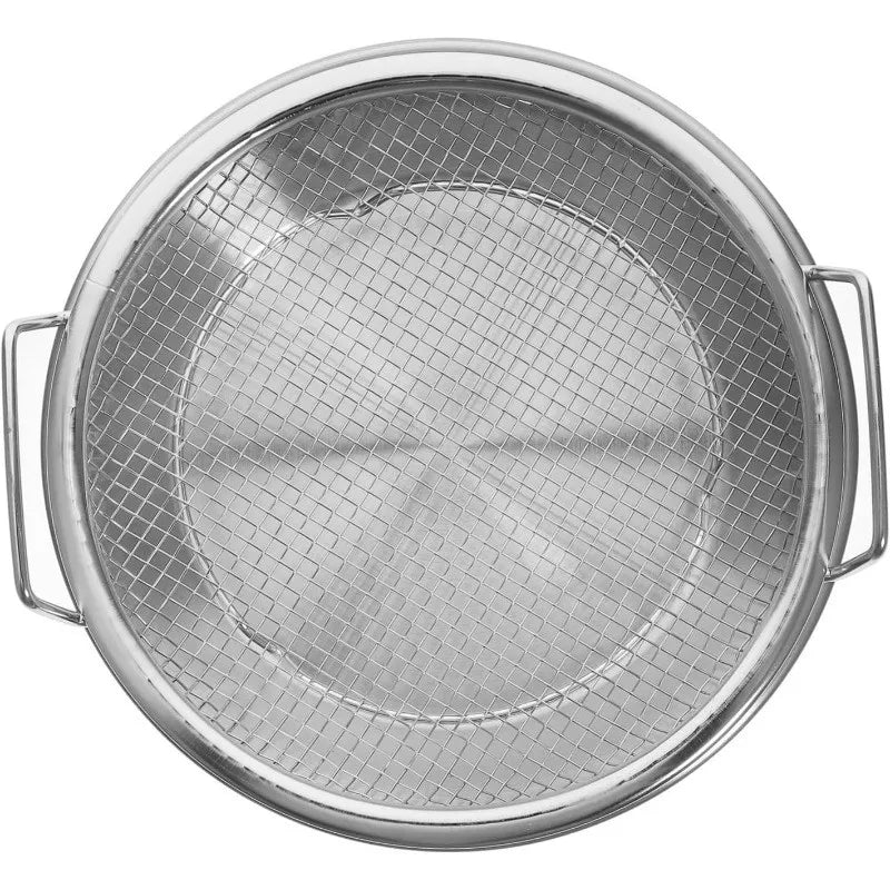 Stainless steel frying rack with a circular draining tray.