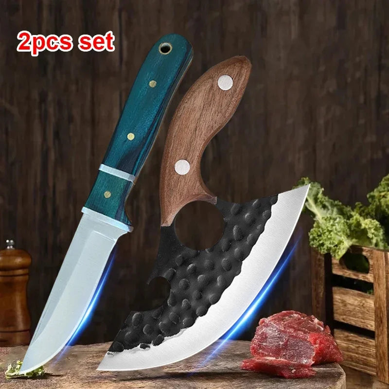 A 2-piece set of kitchen knives featuring a large blade and a curved boning knife with wooden handles.