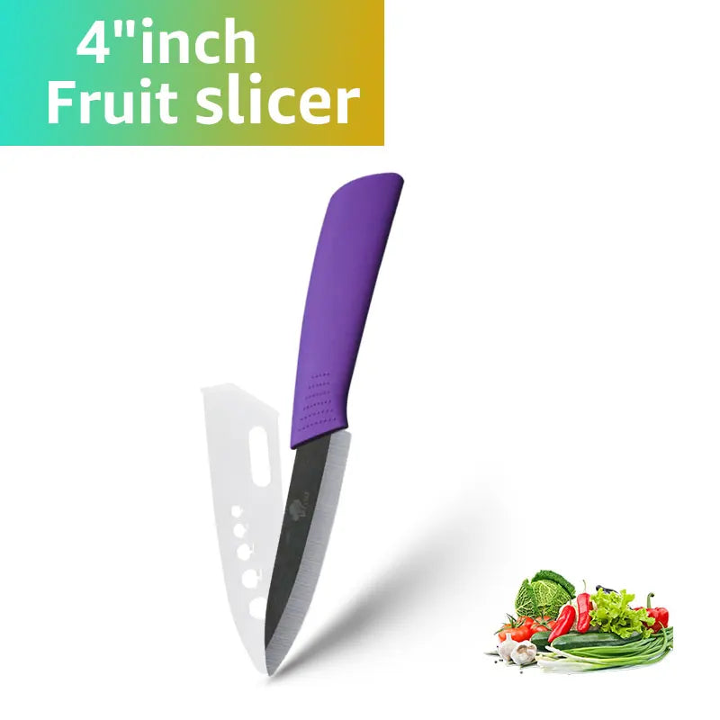 A purple fruit slicer knife with a black blade is shown next to fresh vegetables.