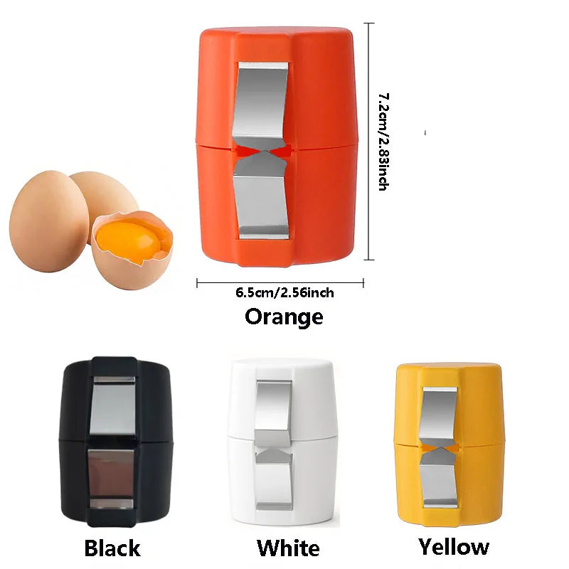 A set of manual egg shell openers in orange, black, white, and yellow, showing their size and function.