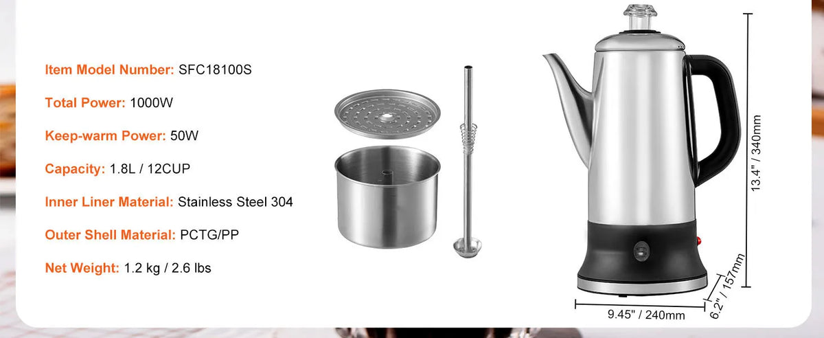 Silver electric percolator coffee pot with a gooseneck spout and keep-warm function, shown next to its components.