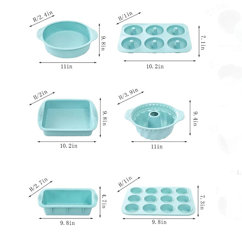 A set of flexible silicone baking pans and a pastry brush in light blue color.