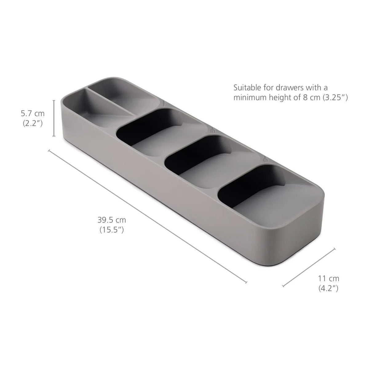 Bandeja organizadora de cubiertos rectangular gris y compartimentada, apta para cajones con una altura mínima de 8 cm.