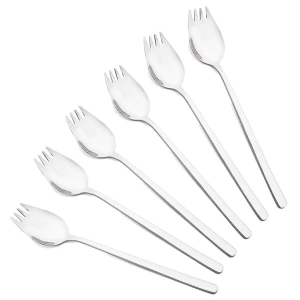 A set of six stainless steel forks and spoons for soup, salad, and dessert