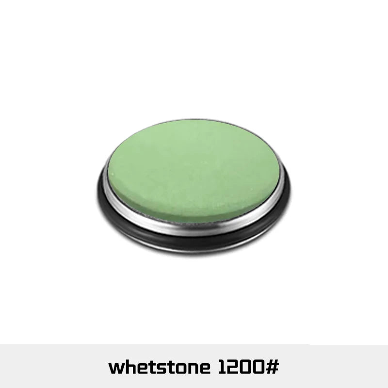 A round, light green object with a silver rim, identified as whetstone 1200#.