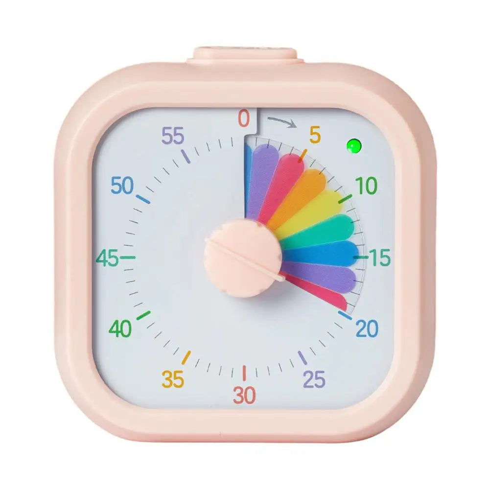 A pink visual timer for kids showing a rainbow color wheel and a countdown scale.