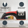 A black and red knife sharpener with multiple sharpening slots, featuring straight and serrated blades.