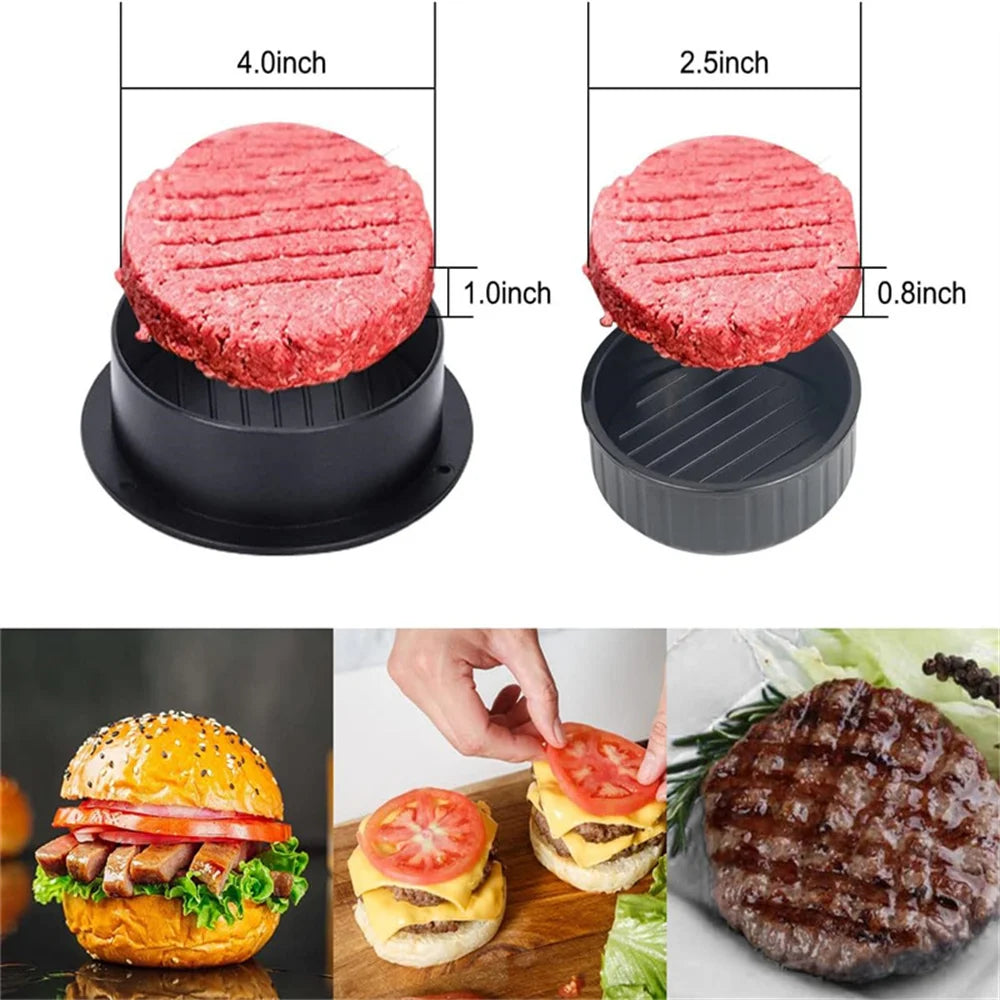 A set of three meat presses for hamburger patties, showing different thicknesses and sizes.