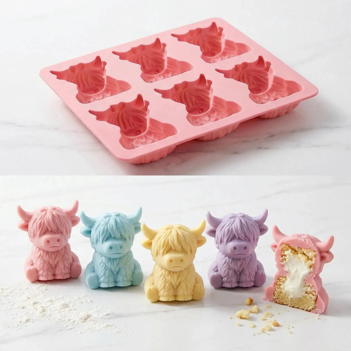 A silicone ice cube mold set shaped like various colored horses is displayed next to some white powder.