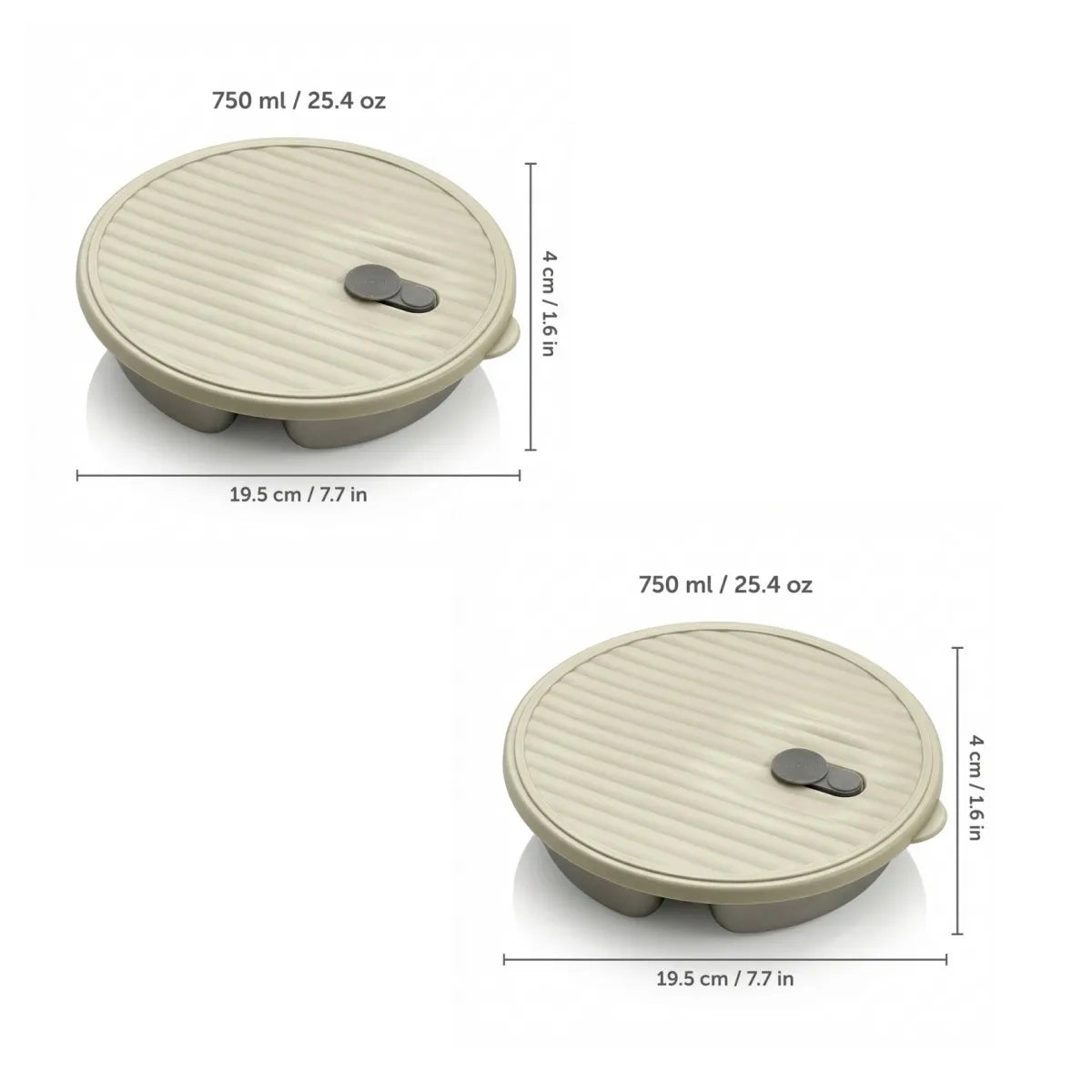 A beige stackable stainless steel divided dinner plate with a lid shown from above and the side.
