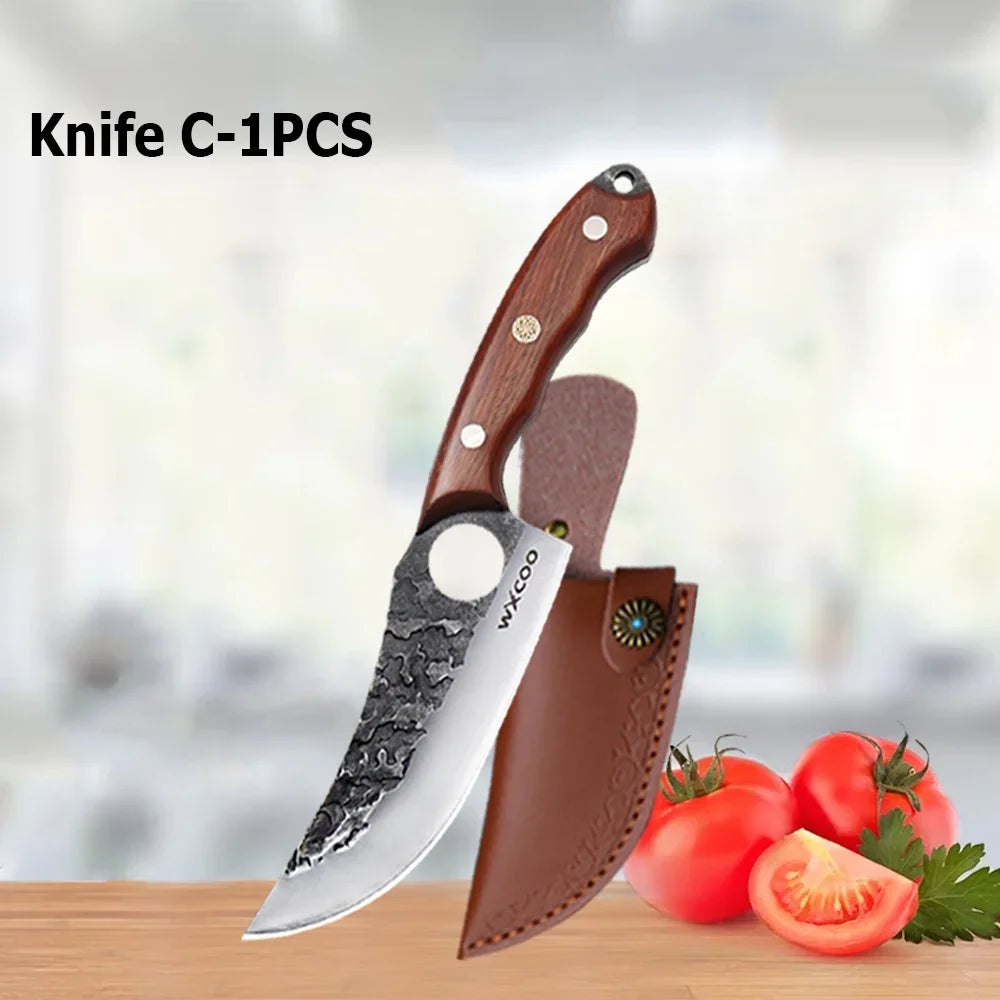 A knife set of one piece showing a silver blade and wooden handle next to fresh tomatoes.