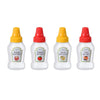 A set of five mini condiment squeeze bottles with yellow and red caps, labeled for honey, mustard, ketchup, salad dressing, a