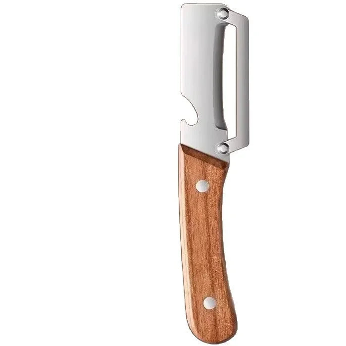 Stainless steel peeler with a wooden handle for fruits and vegetables.