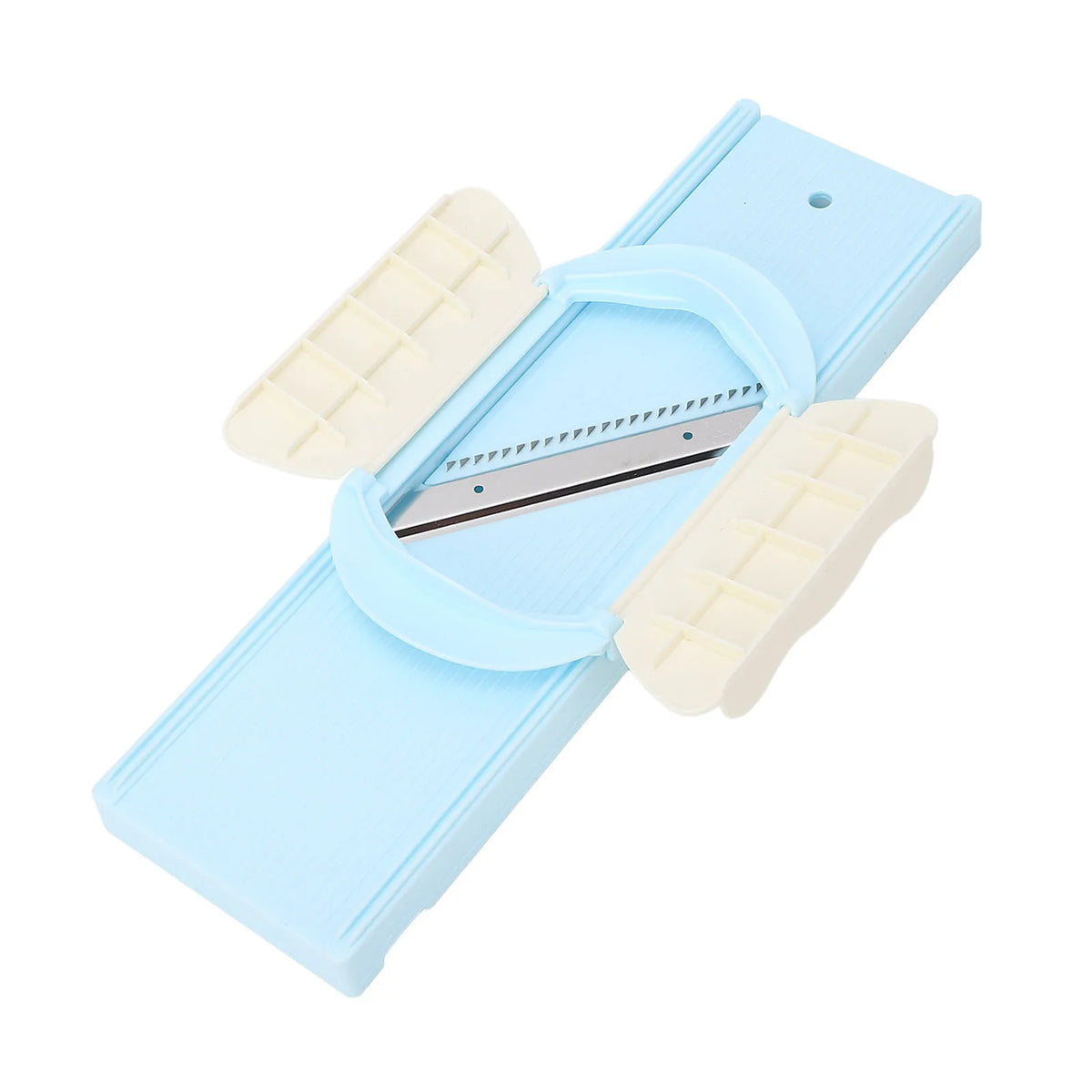 Light blue multi-functional vegetable slicer and grater set with plastic handles