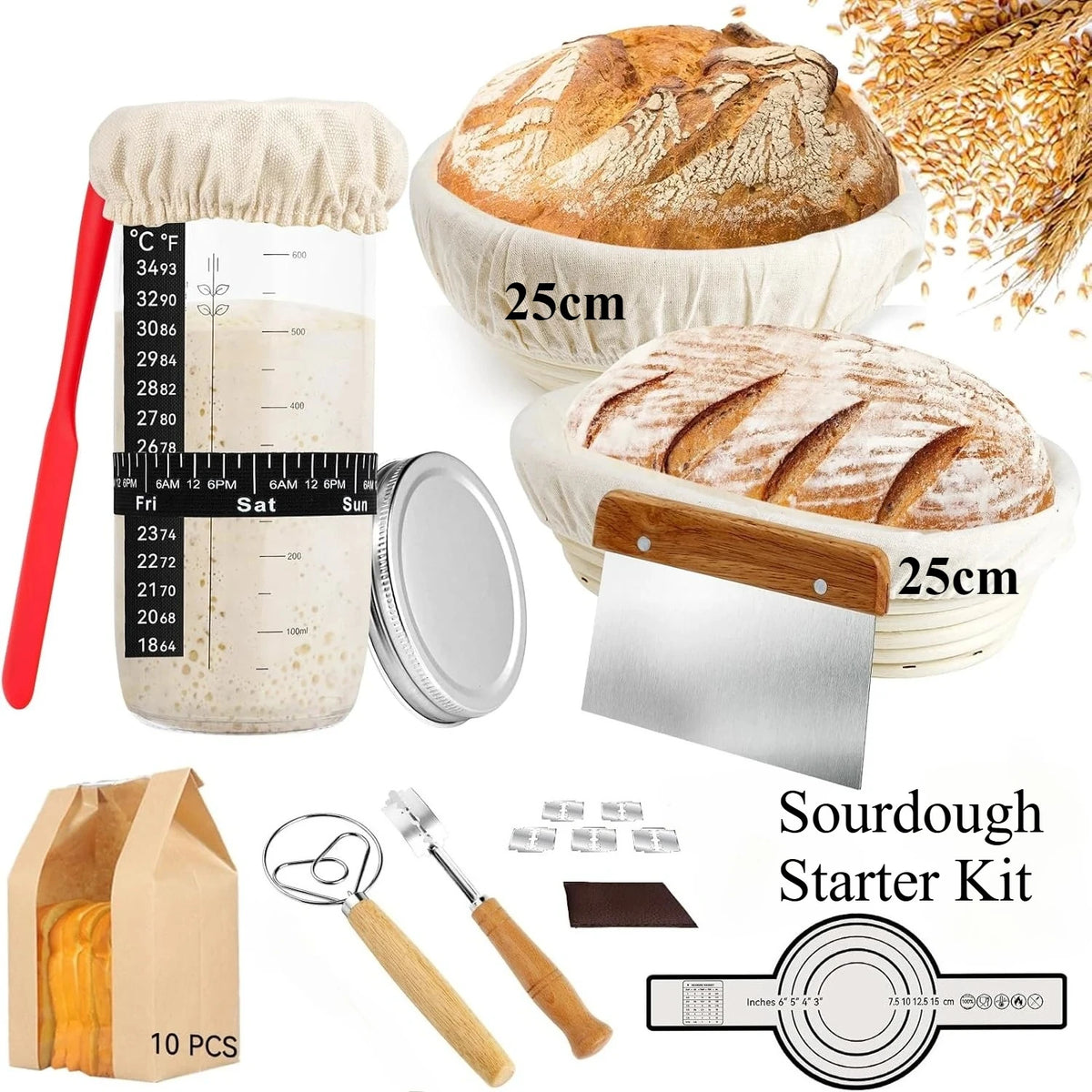 A sourdough starter kit showing a loaf of bread, a metal blade, and various tools for baking.