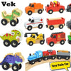 A collection of wooden magnetic train cars and vehicles for kids, including trucks, cars, and trains.