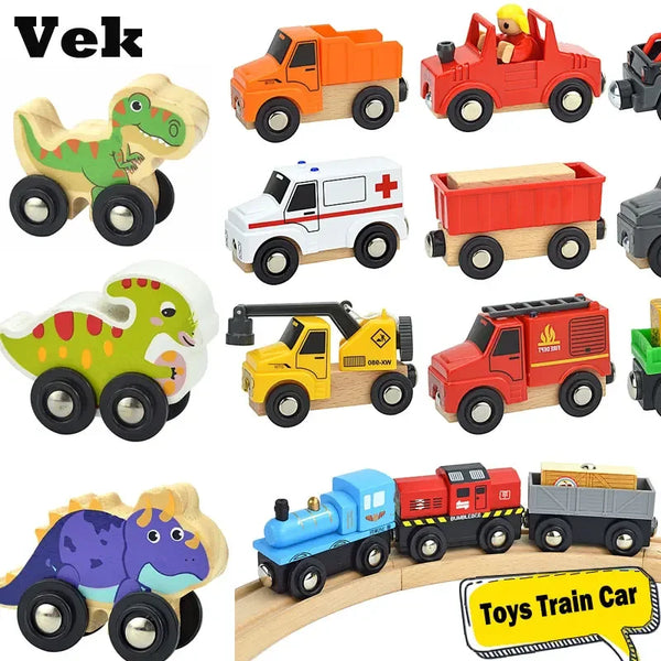A collection of wooden magnetic train cars and vehicles for kids, including trucks, cars, and trains.