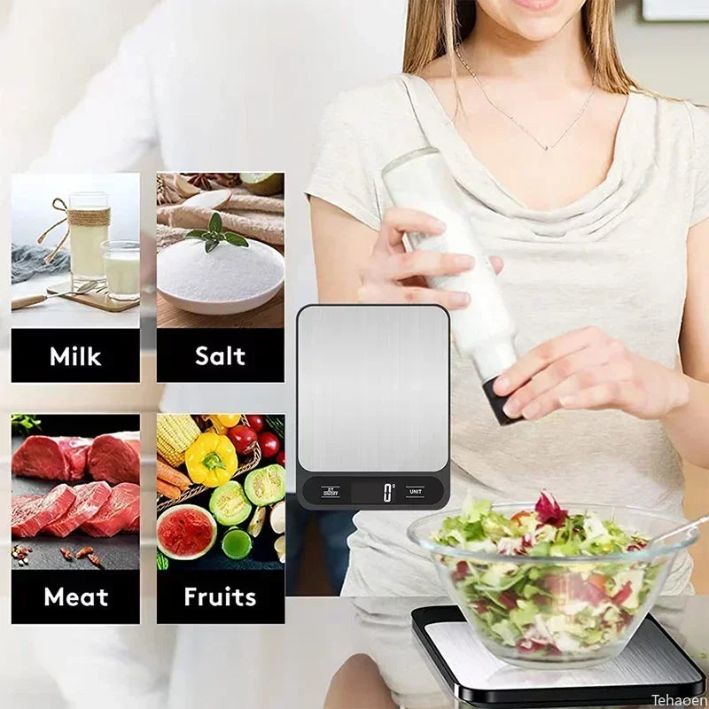 A person is using a digital kitchen scale to measure various ingredients like milk, salt, meat, and fruits.