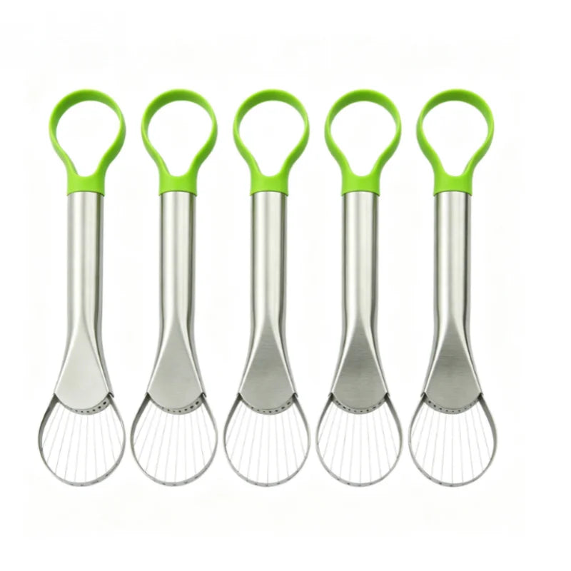 Five stainless steel avocado cutters with green handles and perforated blades.
