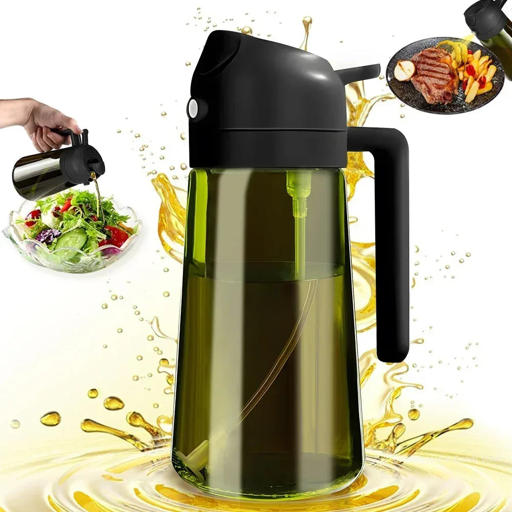 A black glass oil dispenser with a black pump mechanism is shown pouring golden oil into a liquid surface.