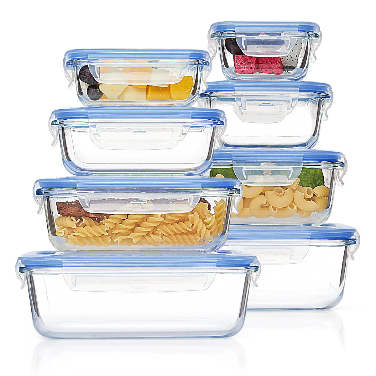 A stack of eight clear airtight glass meal prep containers with various food items inside.