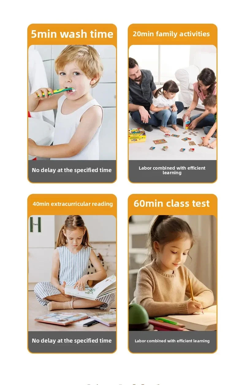 A set of five activity cards showing time limits for various tasks like a 5min wash time, 20min family activities, and 60min 