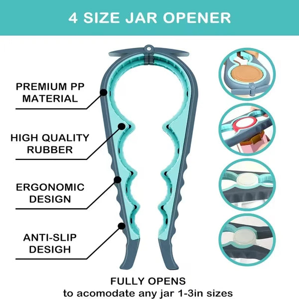 A teal jar opener tool with a curved handle and serrated edges shown next to close-ups of its features.