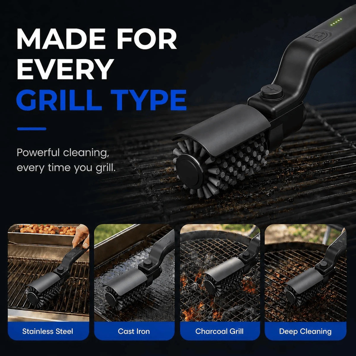 A black cordless grill cleaning brush is shown with various applications including stainless steel, cast iron, charcoal grill