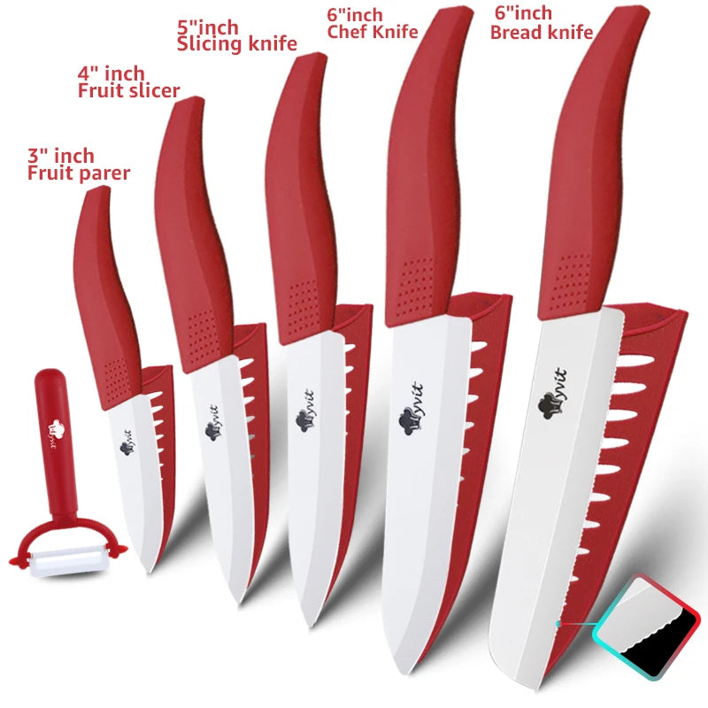 A set of multi-color ceramic chef knives, including 3 to 6 inch slicing and bread knives.