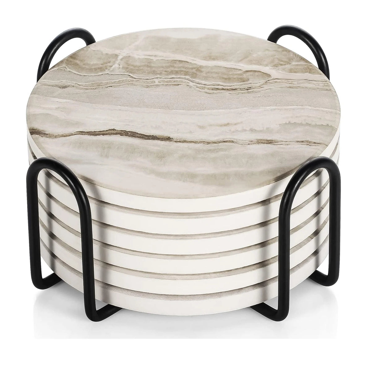 A stack of six round marble style acrylic coasters with black metal holders.
