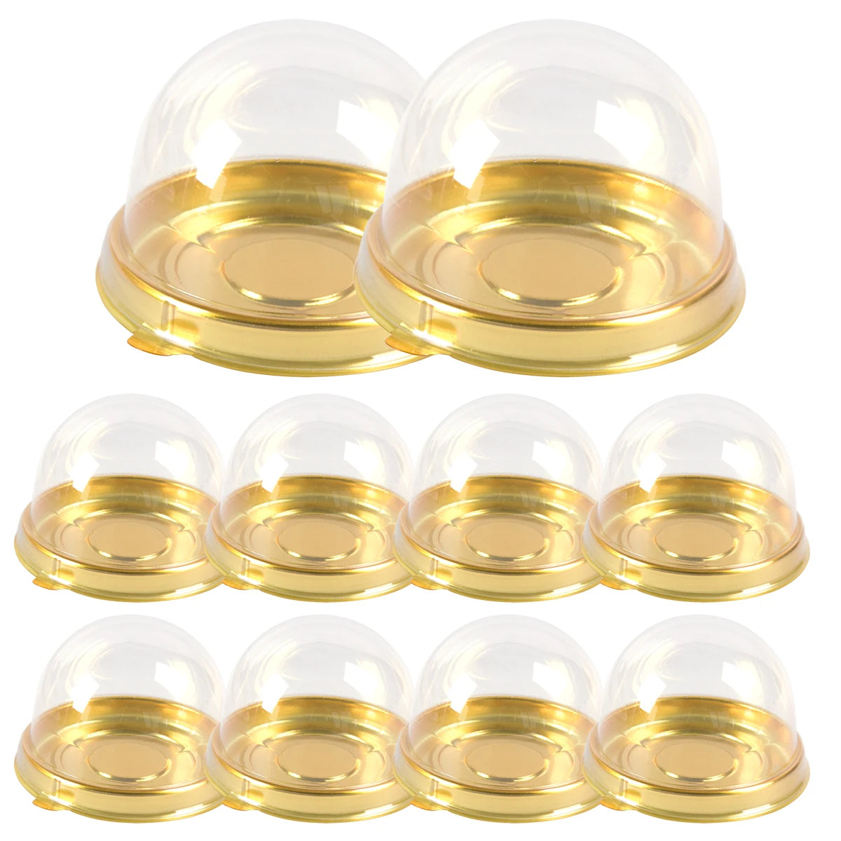 A set of mini transparent cake boxes with gold accents for pastries.