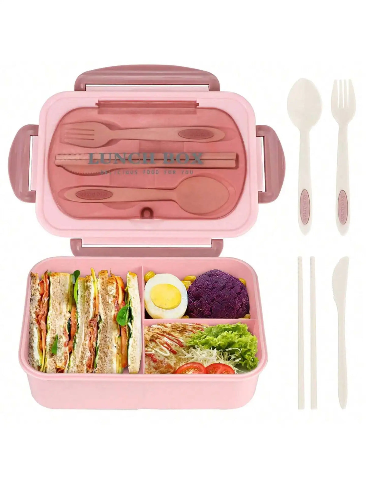 Set de almuerzo bento rosa de 4 compartimentos con cubiertos, incluyendo tenedor, cuchara y palillos.