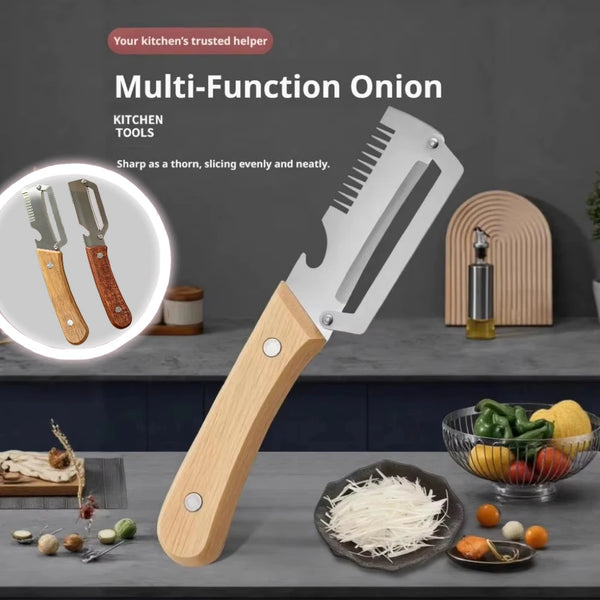 Multifunktionale Zwiebelmesser mit Edelstahlklinge und Holzgriff neben geschnittenen Zwiebeln und anderem Obst.