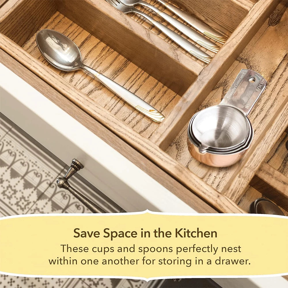 Stainless steel measuring cups and spoons nested inside each other for kitchen storage