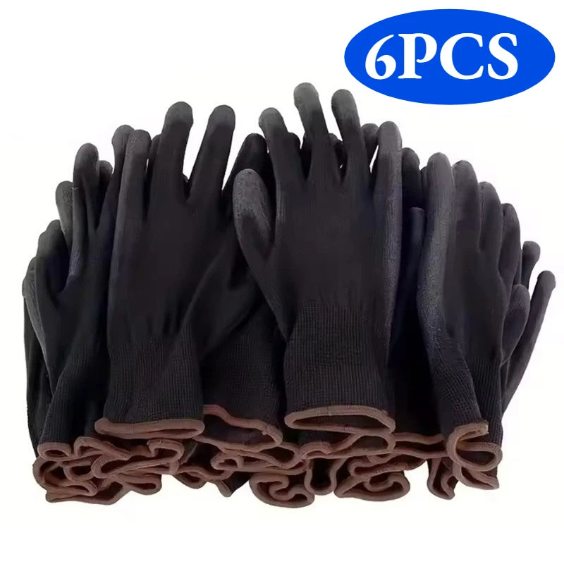 A bundle of six black and brown durable anti-slip PU coated gloves.