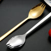 A set of two stainless steel cutlery items, a fork and a spoon, shown against a dark background.