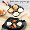 A black non-stick frying pan for eggs is shown with various cooked egg dishes.