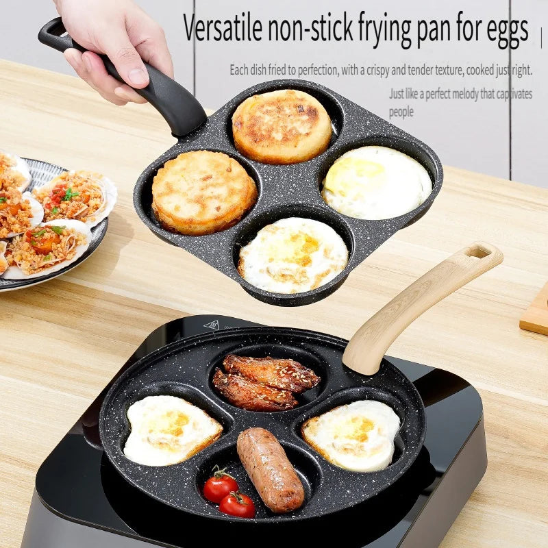 A black non-stick frying pan for eggs is shown with various cooked egg dishes.