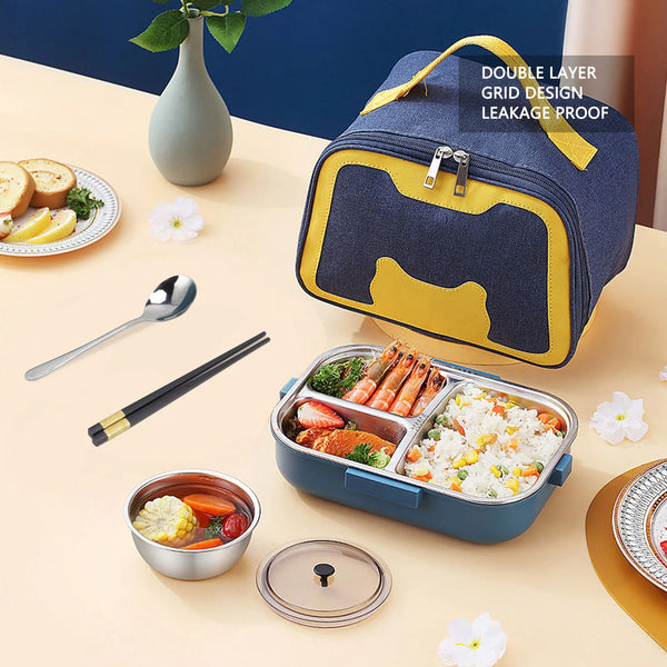 A blue and yellow double layer thermal lunch box is shown open, containing food and a set of utensils on a light colored surf