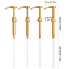 Four gold-colored precision syrup pump dispensers shown with various height measurements.