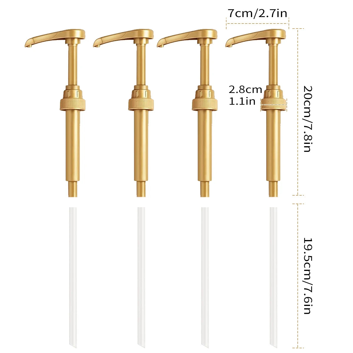 Four gold-colored precision syrup pump dispensers shown with various height measurements.