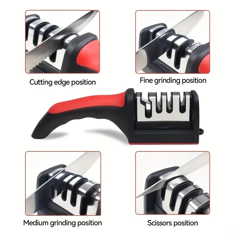 A 4-stage manual knife sharpener showing various grinding positions including cutting edge, fine grinding, medium grinding, a