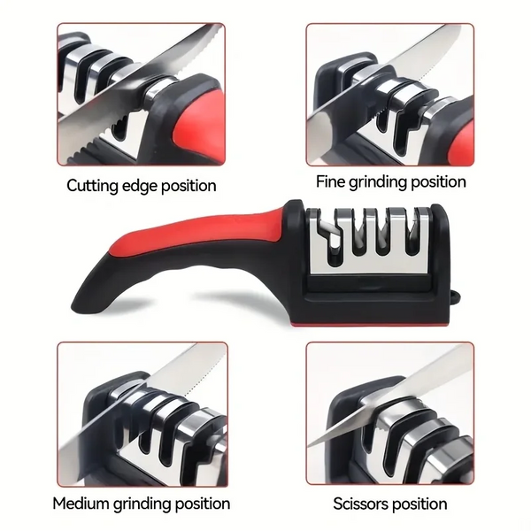 A 4-stage manual knife sharpener showing various grinding positions including cutting edge, fine grinding, medium grinding, a