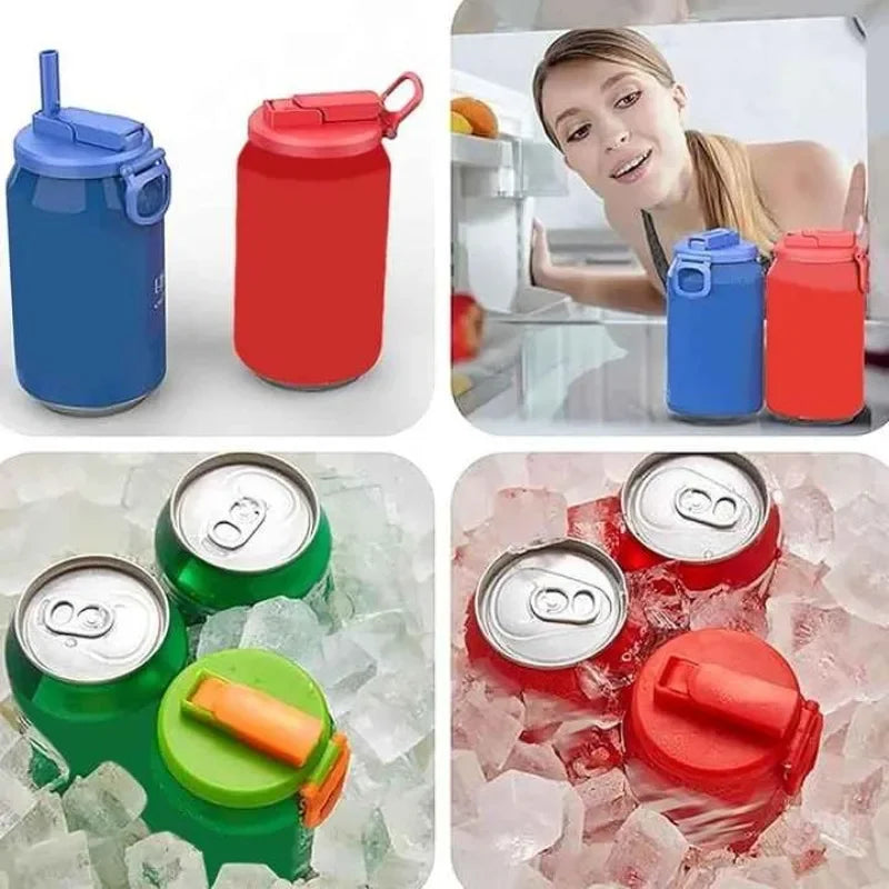 Reusable silicone can lids with straws shown in various colors and contexts
